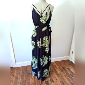 Tropical spaghetti strap, wide leg jumpsuit